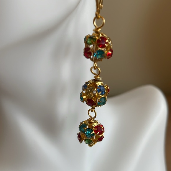 Hand Crafted Jewelry - HAND CRAFTED SPARKLING BALL DROP PIERCED EARRINGS WITH MULTI COLORED CRY…